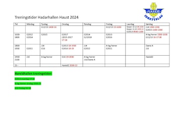Treningstider haust 2024 Fotball